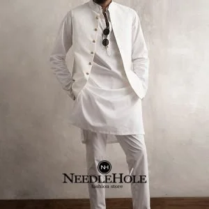 Ismail Farid men waistcoat in off white suiting fabric in Bristol