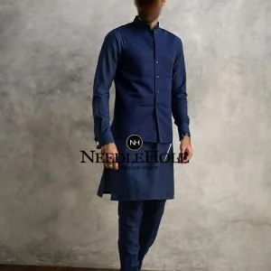 Midnight blue three pocket men waistcoat in raw silk fabric