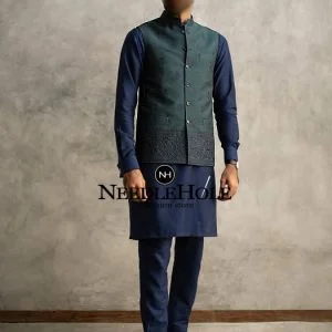 Three pocket hunter green embroidered waistcoat for groom in raw silk fabric