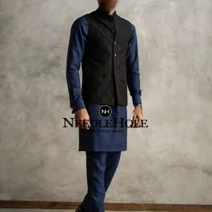 Three pocket black waistcoat for groom with embroidery in raw silk fabric