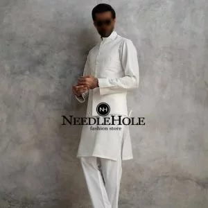 Raw silk three pocket off-white waistcoat for groom with embroidery motif on pocket