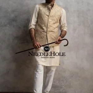 Three pocket raw silk waistcoat for men in beige gold color with embroidery all over the front