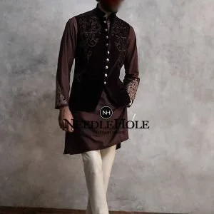 Three pocket velvet waistcoat for men in seal brown color with embroidery on front