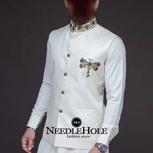 Three pocket embroidered off white waistcoat for men in jamawar fabric