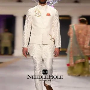 Three pocket embroidered waistcoat for men in off white raw silk fabric