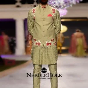 Dark khaki embroidered men waistcoat in raw silk fabric