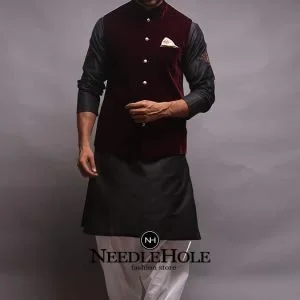 Simple maroon men waistcoat in velvet fabric