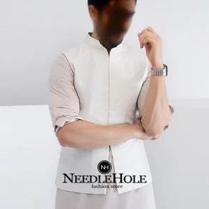 Single pocket off white embroidered waistcoat for men in raw silk fabric