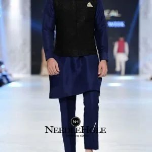 Single pocket black color waistcoat for men with thread embroidery detail on front in raw silk fabric