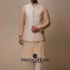 Groom waistcoat with embroidery in off white raw silk fabric
