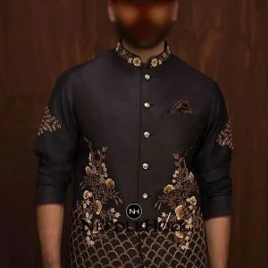 Black raw silk single pocket groom waistcoat with beautiful embroidery on collar and front