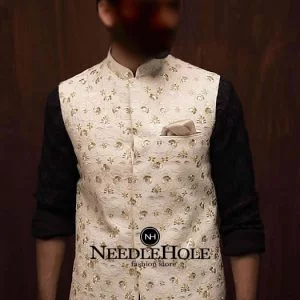 Raw silk embroidered waistcoat for men in off white color with single pocket