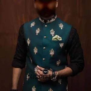 Raw silk embroidered waistcoat for men in midnight green color with single pocket