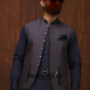 Modern men waistcoat in gray suiting fabric with 3 pockets on front