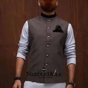 Designer men waistcoat in battleship gray suiting fabric with contrast on collar and front pocket