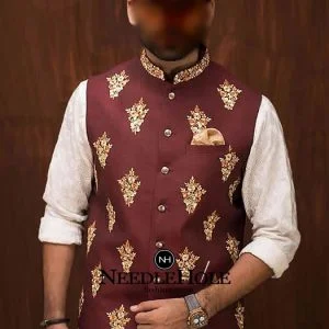 Designer men waistcoat in maroon color with embroidery motifs all over the front and collar