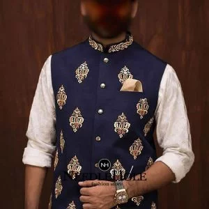 Navy blue waistcoat designs for salwar kameez with embroidered collar and embroidery motifs all over the front