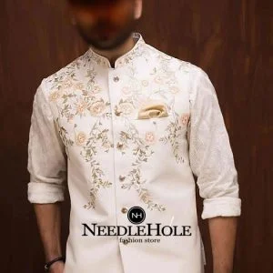 Off white Pakistani waistcoat designs for weddings in suiting fabric with embroidery