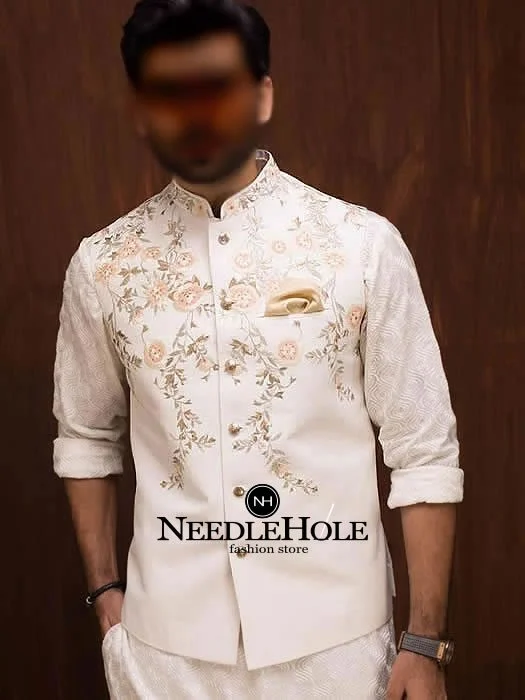 Off white Pakistani waistcoat designs for weddings in suiting fabric with embroidery