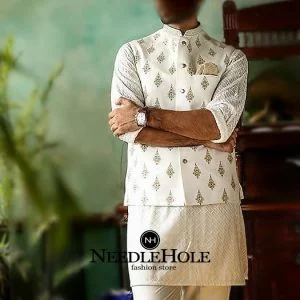 Off white Pakistani waistcoat designs for wedding with embroidery