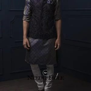 Attractive navy blue groom waistcoat with embroidery