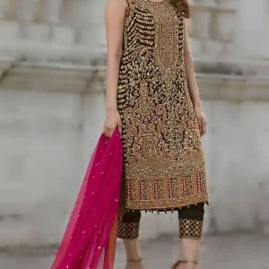 Majestic aura desginer formal dress for wedding event comes with black long shirt and jamawar trousers