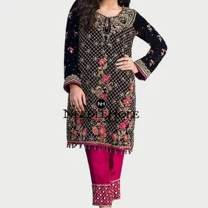 Iraura Party Wear Navy Blue Velvet Shirt With Magenta Pants