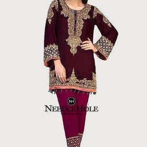 Impeccable Blessing Party Dresses Short Length Velvet Shirt With Maroon Dupatta & Pants