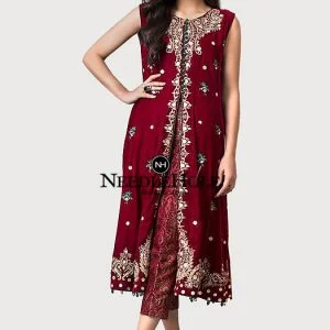 Rose Radiance Pakistani Designer Party Wear Deep Red Velvet Gown With Jamawar Pants