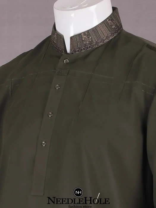 Unstitched kurta shalwar fabric in dark camouflage green color