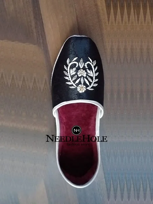 Pakistani Embroidered Khussa Shoes For Men In Black Jamawar Fabric