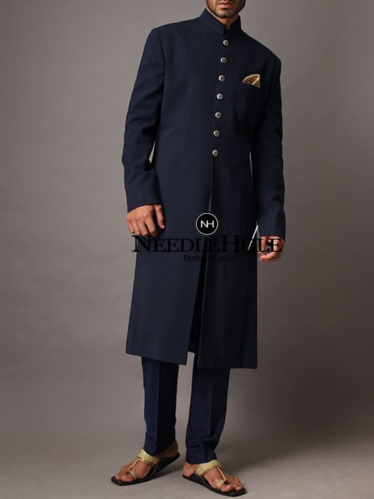 Sabyasachi Mukherjee Suiting Navy Blue Plain Sherwani For Men