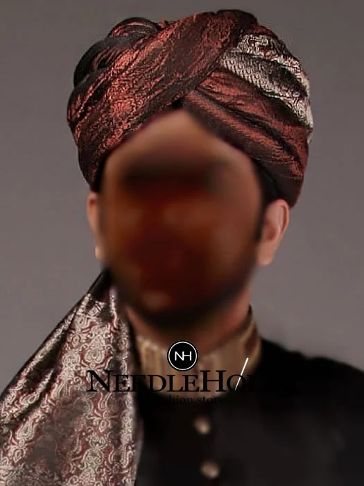 Pakistani wedding turban for men in maroon jamawar fabric