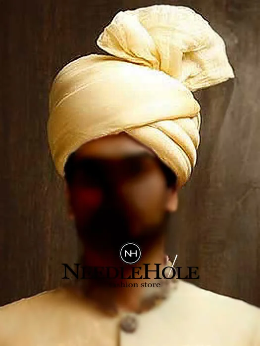 Pakistani wedding turban with shimla for groom in light color raw silk fabric