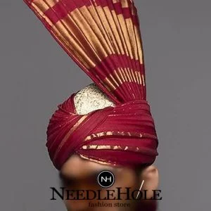 Deep red aitchison turban with fan for groom