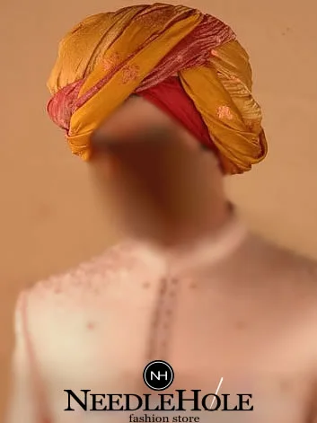 Exclusive Wedding Turban, Silk Fabric, Pre-Tied, Gamboge and Flame