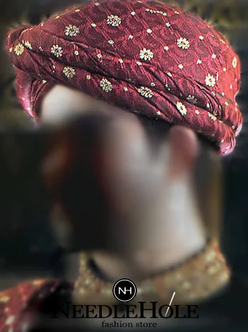 Unique Wedding Turban, Silk Jamawar, Pre-Tied, Maroon