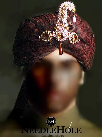 Pakistani wedding turban in jamawar fabric, pre-tied groom turban in maroon color