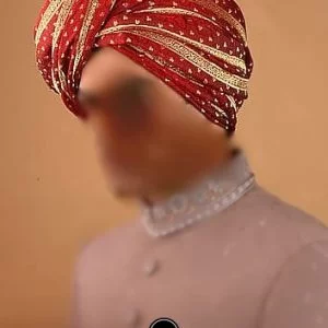 Groom wedding turban in red and gold color made with chiffon banarsi jamawar