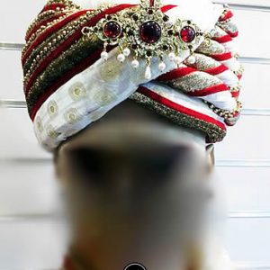 Stunning groom turban in jamawar fabric pre-tied wedding turban for groom in white and red colour