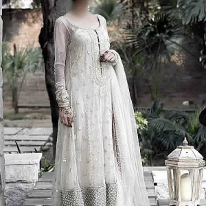 Splashed white anarkali dress, rounded neckline, flared embellished long shirt, churidar pajama