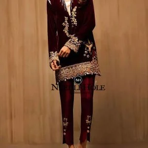 Pakistani Party Dress In Maroon Velvet With Raw Silk Pants and Dupatta, This Sophisticate V Neckline Party Outfit Will Add A Fabulous Look To Your Personality