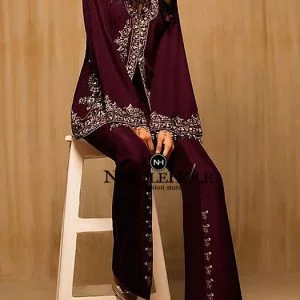 Pakistani Party Dress Tyrian Purple Front Open Style Coat With Embellishment On Coat Front, Back, Sleeves & Raw Silk Pants