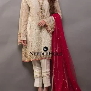 Pakistani Party Dress Champagne V Neck Embellished Trouser Suit Comes With Shirt, Pants & Dupatta