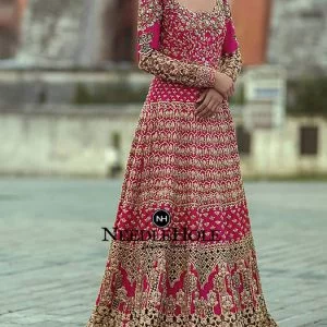 Hot Pink Pakistani Bridal Gown With Laced Border On The Dupatta And Laced Border On The Sharara