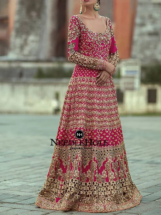 Hot Pink Pakistani Bridal Gown With Laced Border On The Dupatta And Laced Border On The Sharara Hot Pink Pakistani Bridal Gown With Laced Border On The Dupatta And Laced Border On The Sharara