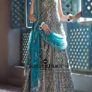Traditional Pakistani Wedding Gown Design In Taupe Color With Light Taupe Bridal Sharara And Tiffany Blue Dupatta