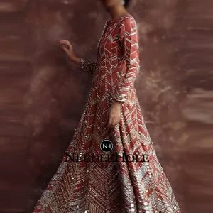 Fully embellished custom wedding bodice gown with full sleeves, sharara and dupatta in dark coral pink color