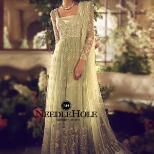 Pakistani bridal gown in mint green color, Beautiful long embellished bodice gown with dupatta and sharara