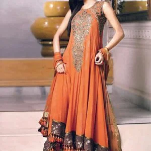 U neck anarkali dress, embellished long shirt, high low hem, straight trousers, pumpkin